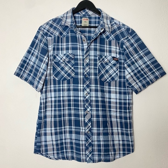 Dickies Men's XL Plaid Thick Short Sleeve Button Down Shirt Blue White Check - Picture 1 of 11